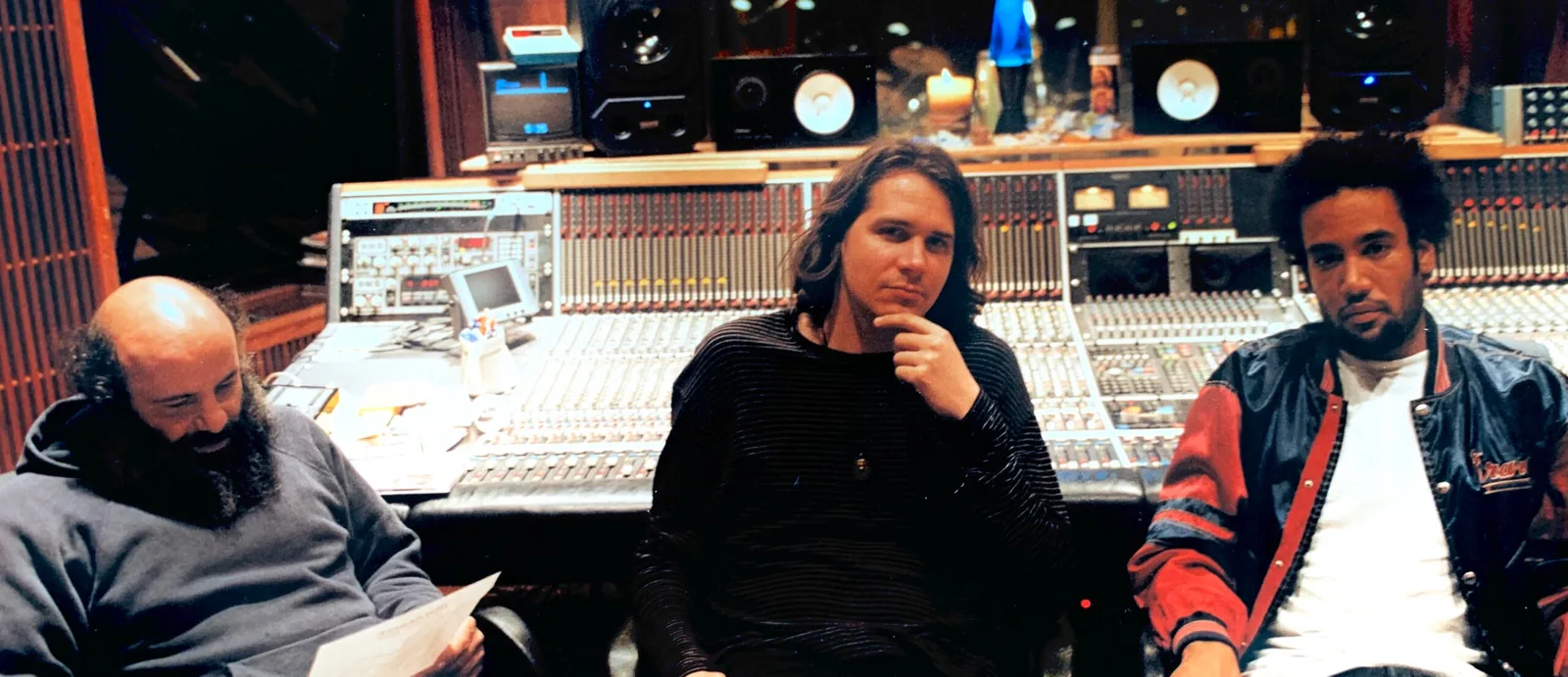 JP Plunier, Mixerman, and Ben Harper seated at the console at Alpha Studios