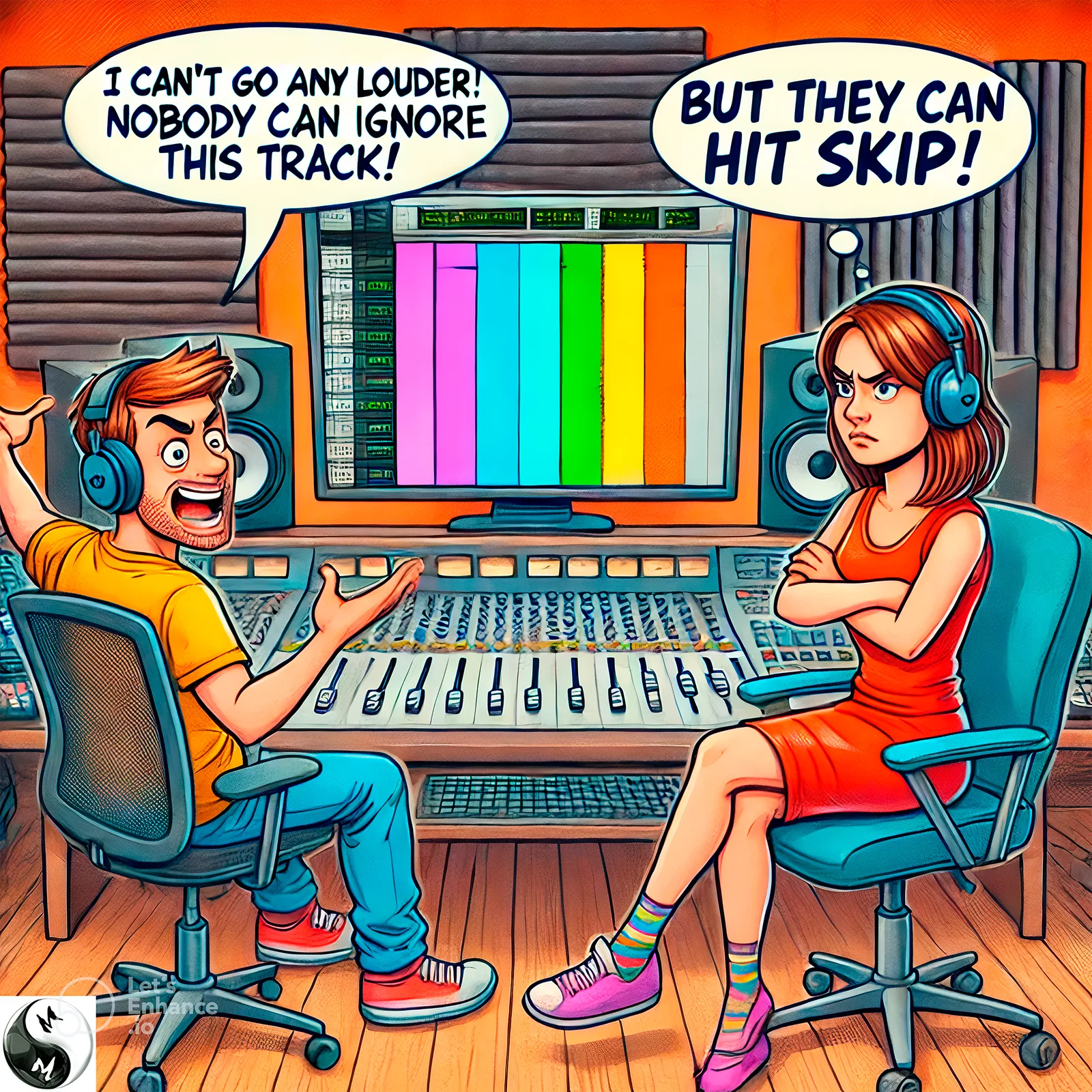 A cartoon of a frustrated music producer shouting, “I CAN’T GO ANY LOUDER! NOBODY CAN IGNORE THIS TRACK!” while a woman wearing headphones replies, “BUT THEY CAN HIT SKIP!” They’re in a colorful recording studio, and the waveforms on the screen have turned into bright TV-style color bars.