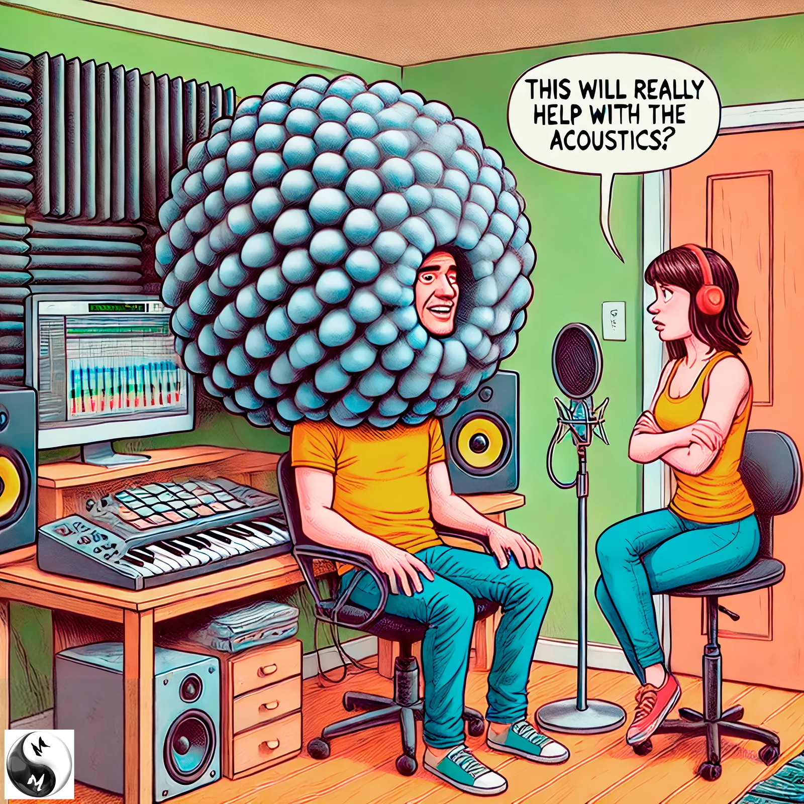 A cartoon of a man in a small home studio, seated at a microphone, his whole head swallowed by a giant ball of grey acoustic foam with only his grinning face poking out. Across from him a woman in headphones sits with her arms crossed, unimpressed, asking, “THIS WILL REALLY HELP WITH THE ACOUSTICS?” Foam panels line the wall behind them.
