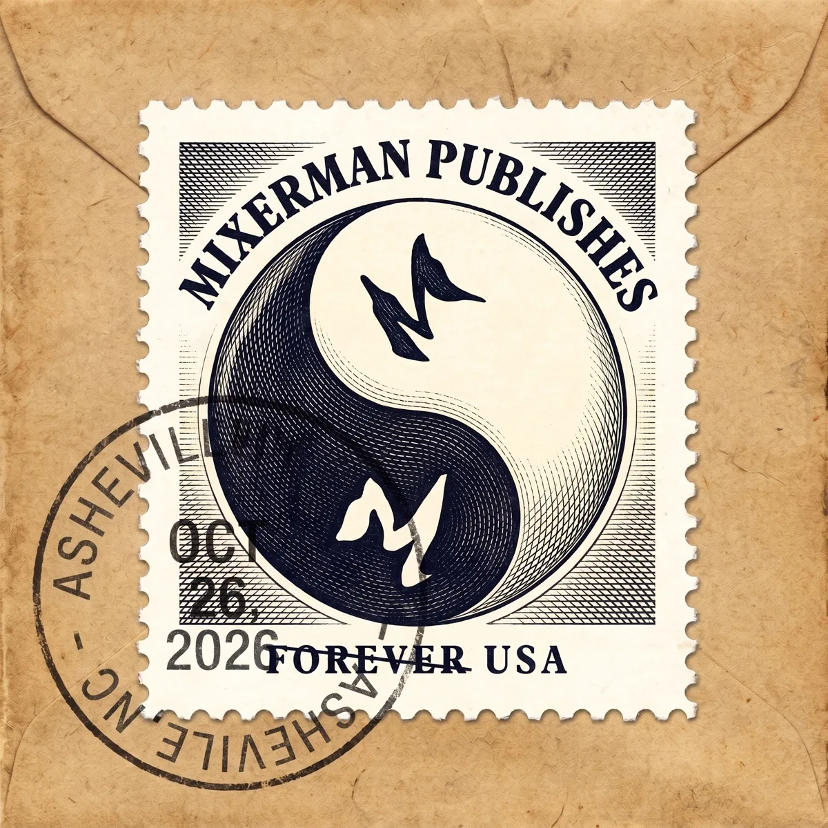 A kraft envelope bearing the Mixerman Publishes yin-yang postage stamp, postmarked Asheville, NC