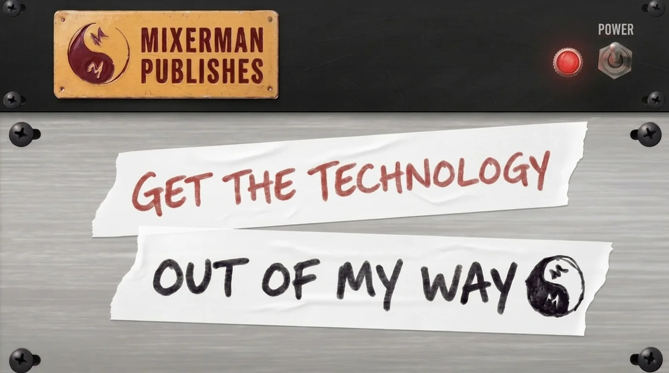 Two strips of masking tape on a rack panel, hand-lettered: Get the Technology Out of My Way
