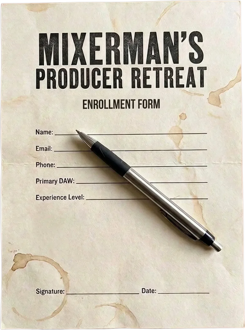 A coffee-stained paper enrollment form headed Mixerman’s Producer Retreat, with a pen laid across it and blank lines for name, email, phone, primary DAW, experience level, signature, and date